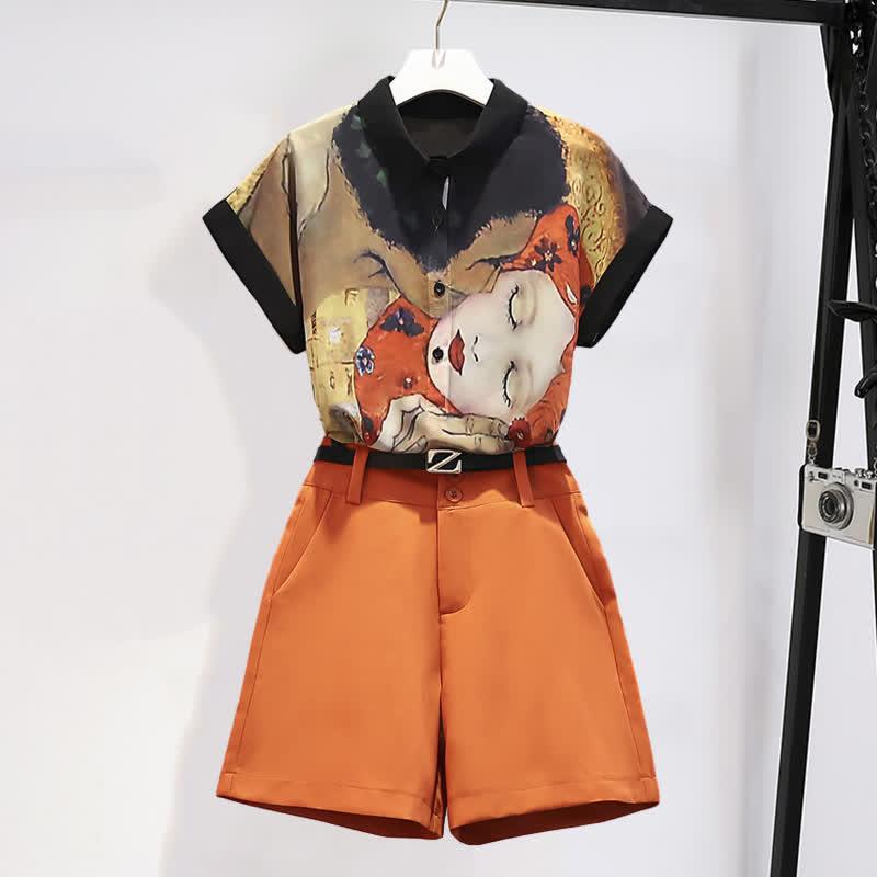 Chic Face Print Chiffon T-Shirt Casual Shorts  |   T-Shirts Clothing Set(With Belt)