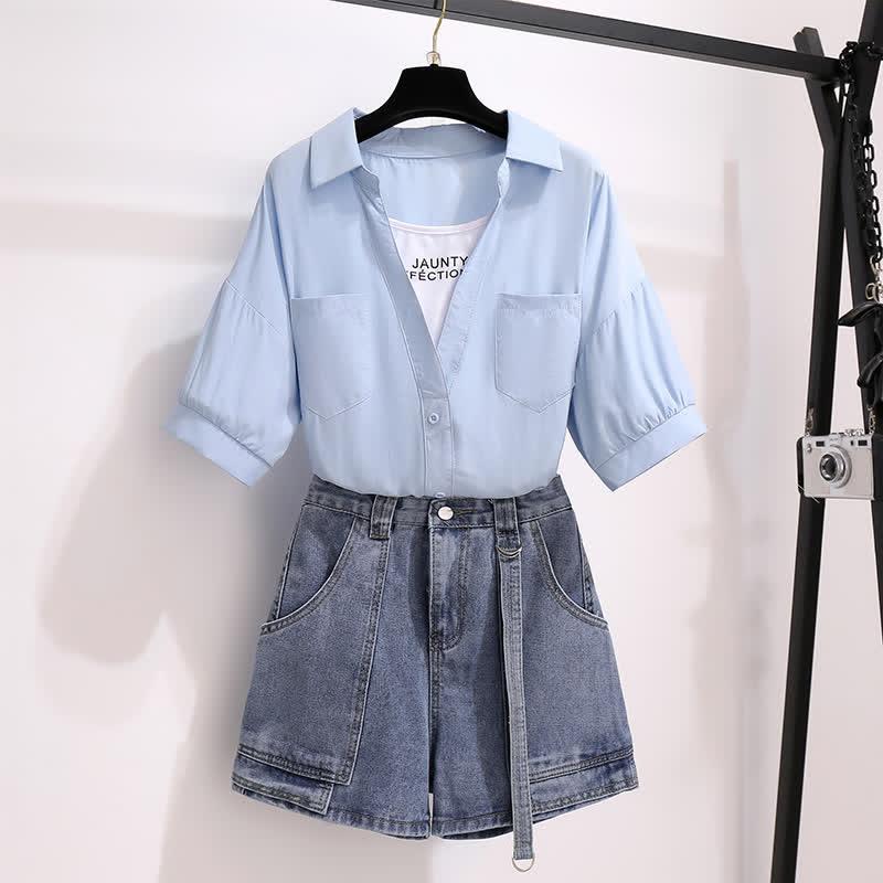 Chic Fake Two Pieces Lapel T-Shirt Pocketed Denim Shorts  |   T-Shirts Clothing Blue Set