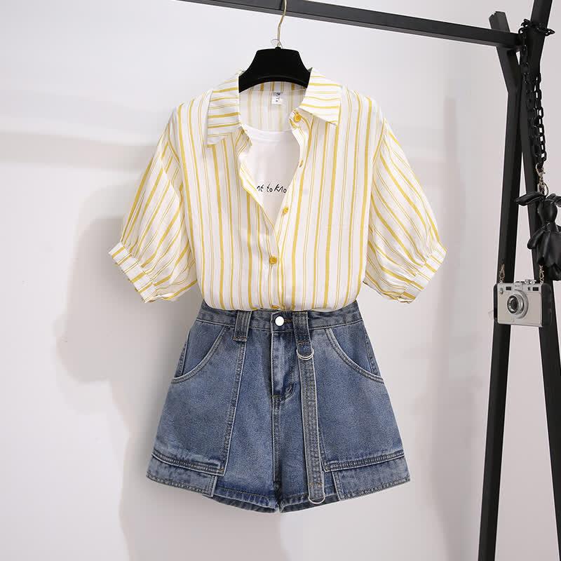 Chic Fake Two Pieces Stripe Lapel T-Shirt Pocketed Denim Shorts  |   T-Shirts Clothing Grey Set