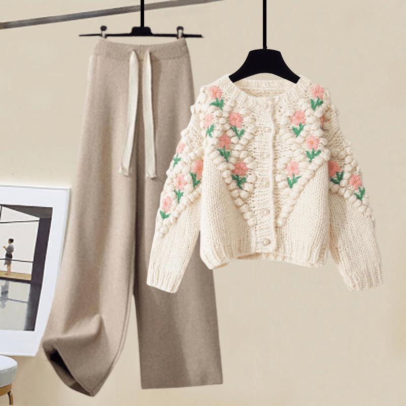 Chic Flower Crochet Cardigan Sweater Pure Color Knit Pants  |   Sweater Clothing Black Pants