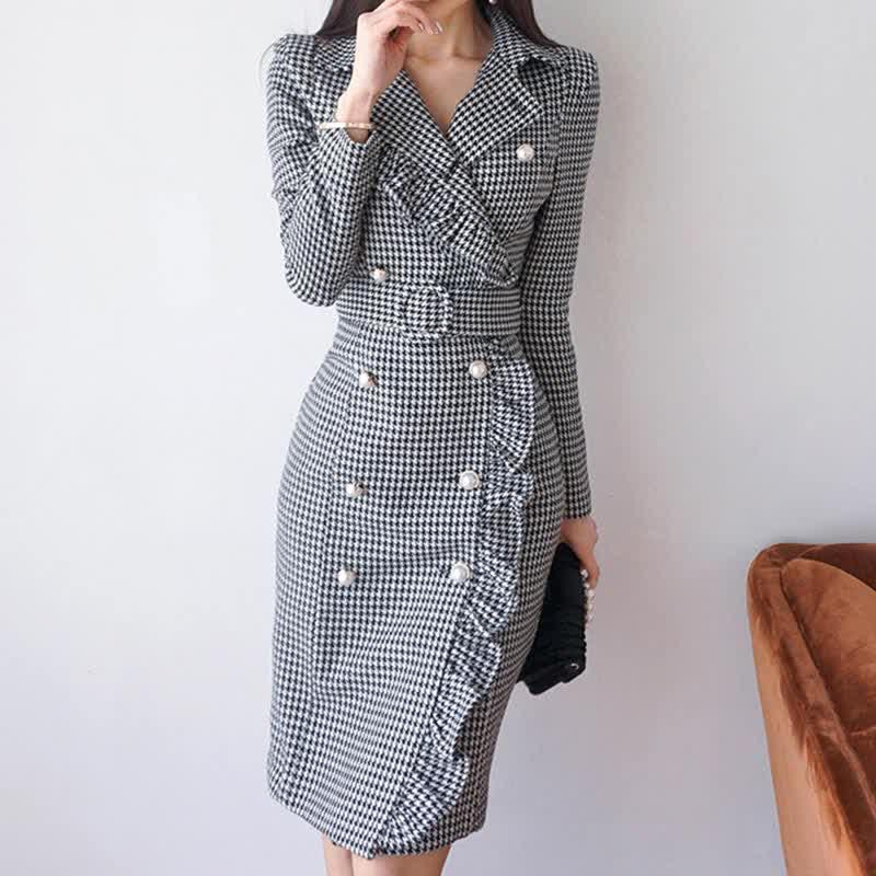 Chic Houndstooth Print Ol Flouncing Dress  |   Dresses Clothing Black