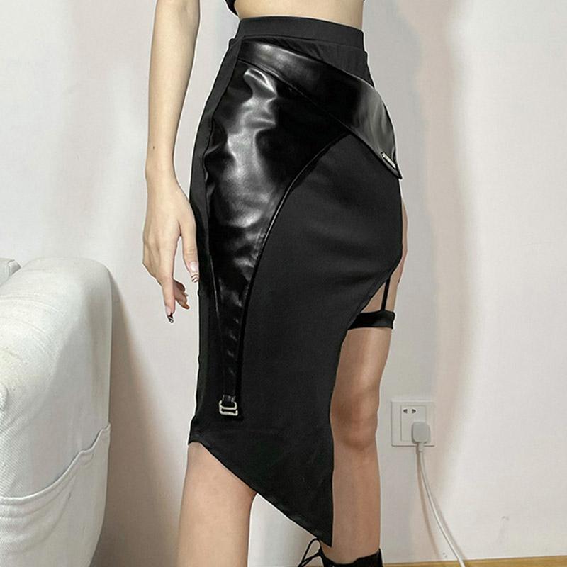 Chic Irregular Pu Skirt With Leg Ring  |   Skirts Clothing Black