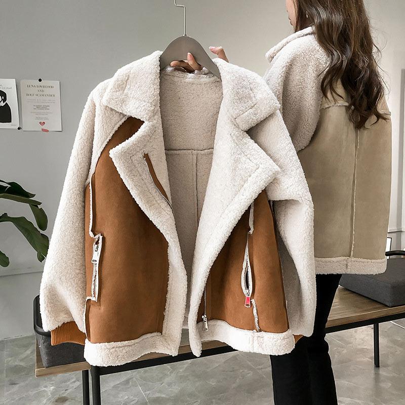 Chic Lapel Colorblock Loose Plush Jacket  |   Outerwear Clothing Apricot