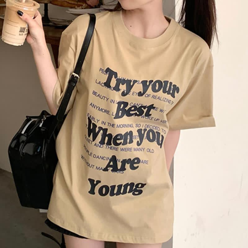 Chic Letter Print Round Collar Oversized T-Shirt  |   T-Shirts Clothing Black