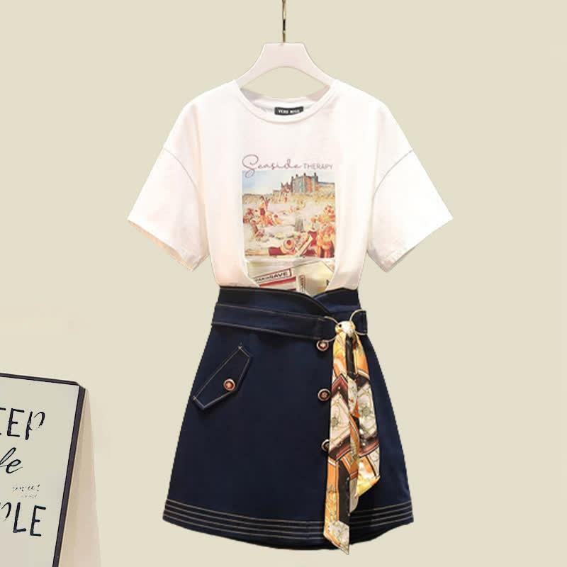 Chic Letter Print T-Shirt Lace Up Skirt Two Pieces Set  |   T-Shirts Clothing Set