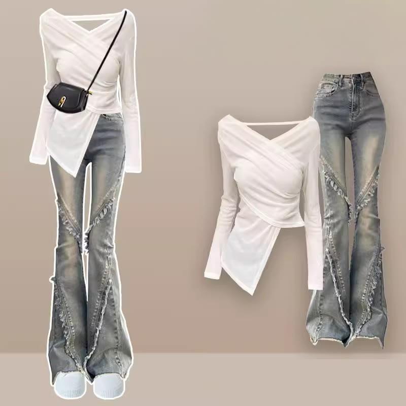 Chic Long Sleeve Shirt Fringed Flared Denim Pants  |   Pants Clothing Pants