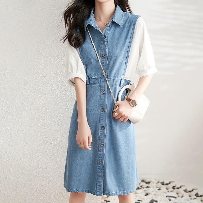 Chic Patchwork Lapel Short Sleeve A-Line Denim Dress  |   Dresses Clothing Blue