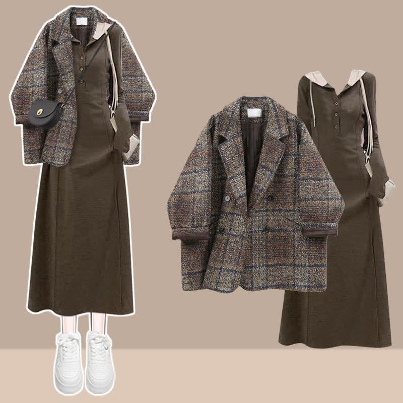 Chic Plaid Print Blazer Coat Hooded Midi Dress  |   Dresses Clothing Coat