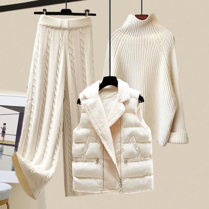 Chic Plush Vest Coat Turtleneck Sweater Casual Knit Pants  |   Sweater Clothing Apricot Pants