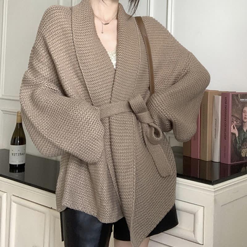 Chic Pure Color Belted Knit Cardigan Sweater  |   Outerwear Clothing Beige