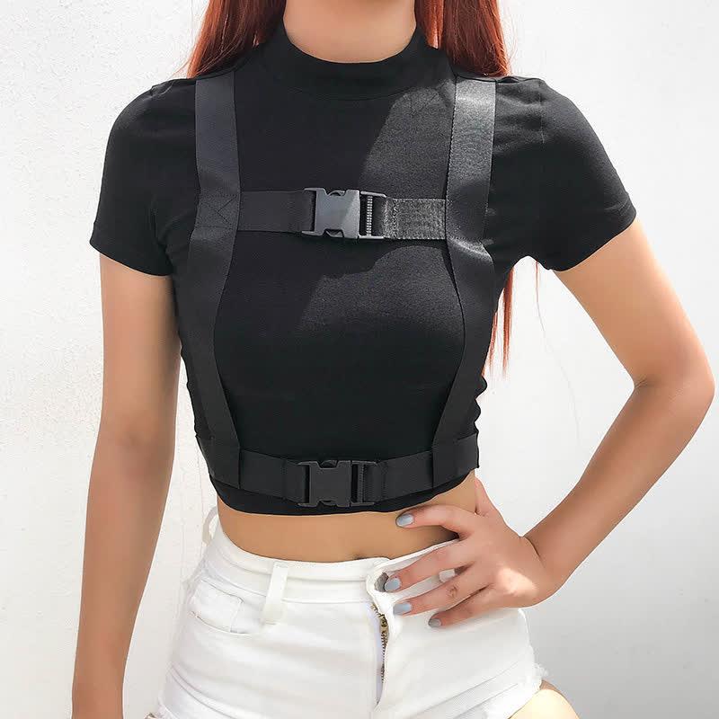 Chic Pure Color Buckle Decor Crop Top T-Shirt  |   T-Shirts Clothing Black