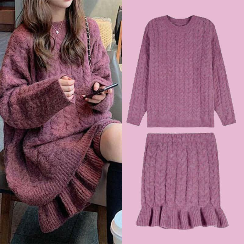 Chic Pure Color Cable Knit Sweater Flouncing Skirt Two Piece Set  |   Sweater Clothing Dark Gray