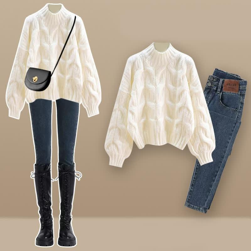 Chic Pure Color Cable Sweater Plush Pants Two Pieces Set  |   Sweater Clothing Apricot Sweater