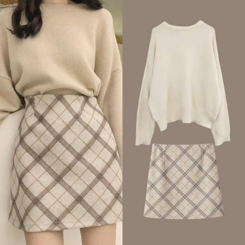 Chic Pure Color Knit Sweater Rhombus Print Skirt Two Piece Set  |   Sweater Clothing Set