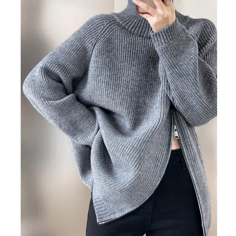 Chic Pure Color Zipper Turtleneck Knit Sweater  |   Sweater Clothing Black