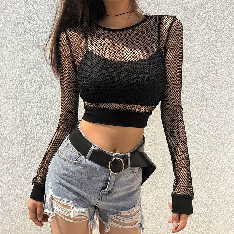 Chic See Through Hollow Out Mesh Crochet Crop Top  |   Crop Tops & Camis Clothing Black