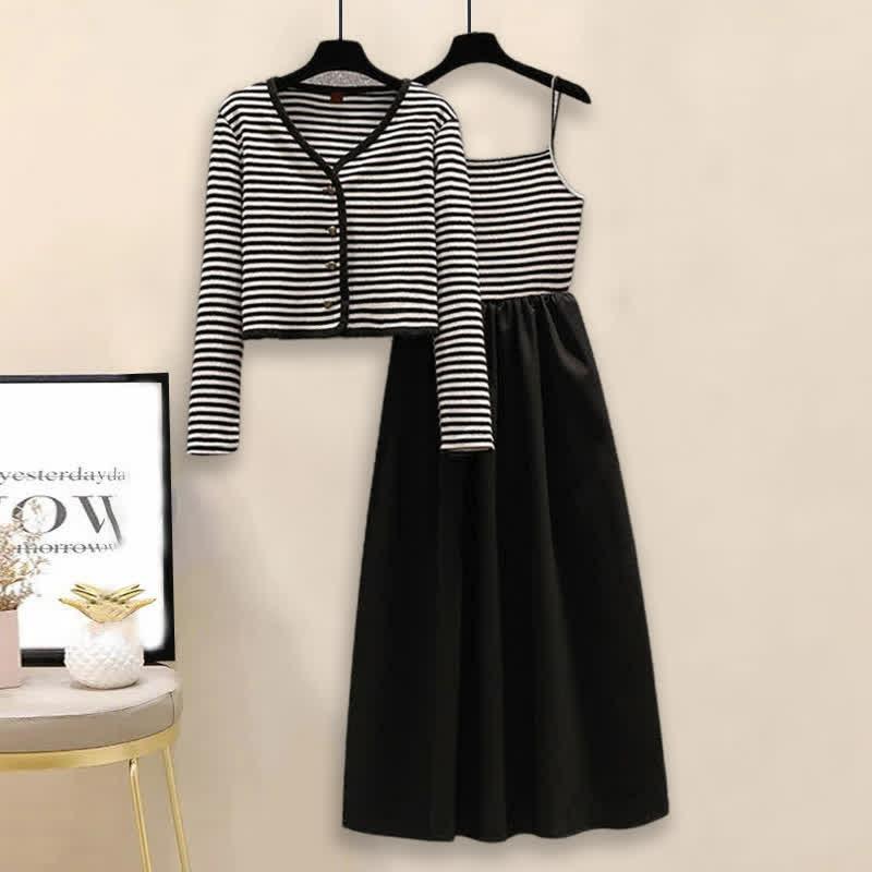 Chic Stripe Cardigan Slip Dress Two Piece Set  |   Dresses Clothing Black