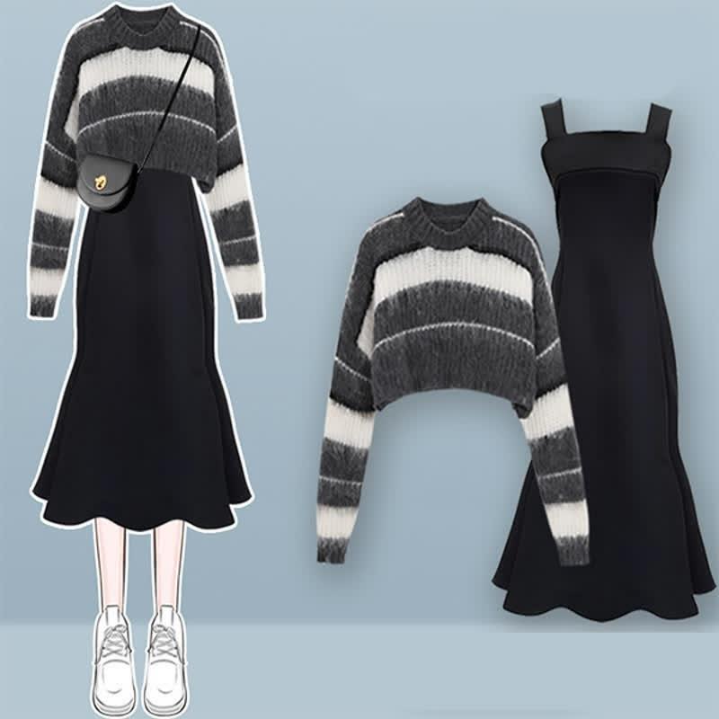 Chic Stripe Colorblock Sweater A-Line Slip Dress Two Pieces  |   Dresses Clothing Dresses