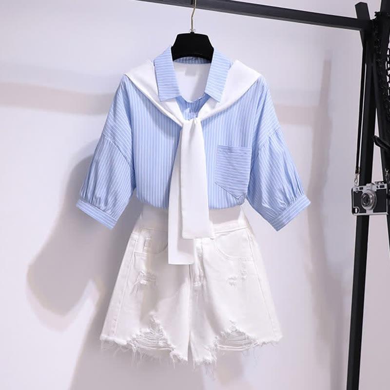 Chic Stripe Pocket Lapel T-Shirt High Waist Ripped Denim Shorts  |   T-Shirts Clothing Blue Set