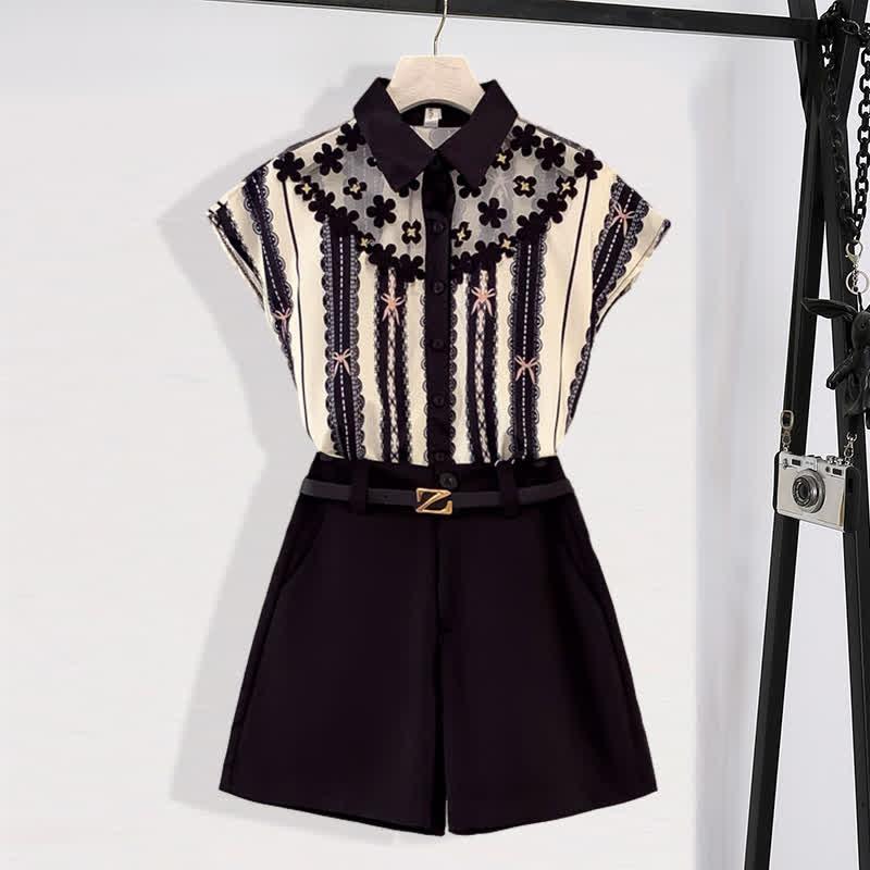 Chic Stripe Print Mesh Chiffon T-Shirt Casual Belted Shorts  |   T-Shirts Clothing Set(With Belt)