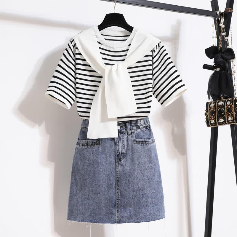 Chic Stripe Round Collar T-Shirt A-Line Denim Skirt  |   T-Shirts Clothing Set