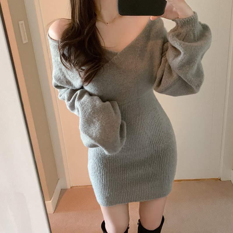 Chic V-Neck Pure Color Textured Sweater Dress  |   Sweater Clothing Black