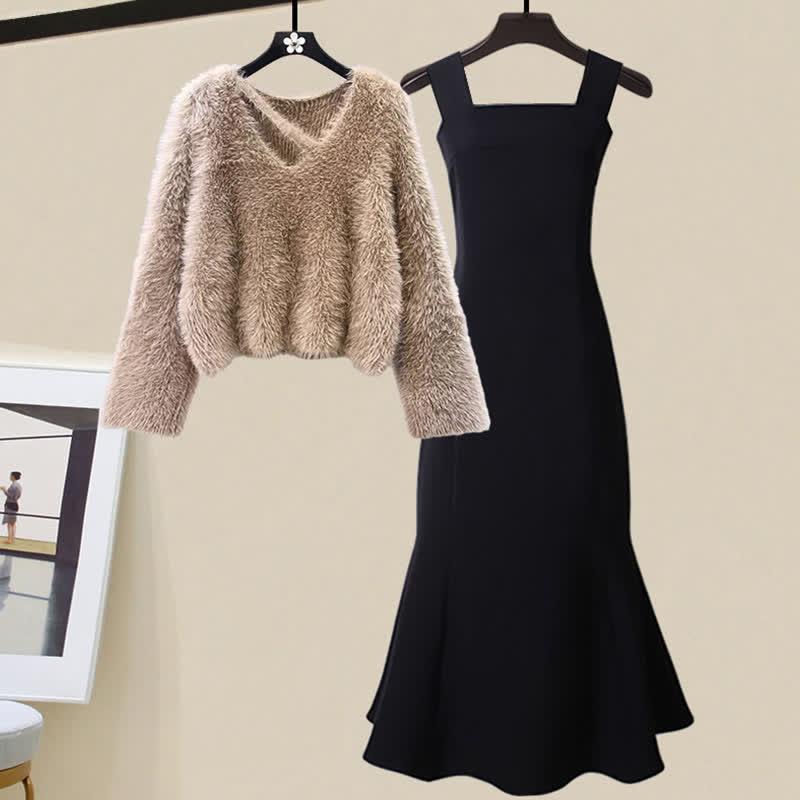 Chic V-Neck Velvet Sweater Fishtail Slip Dress  |   Dresses Clothing Dress