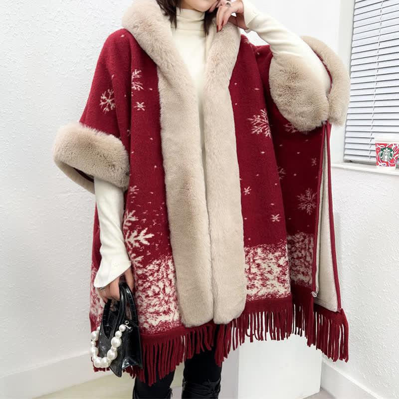 Christmas Print Furry Collar Fringed Hooded Cloak Coat  |   Outerwear Clothing A