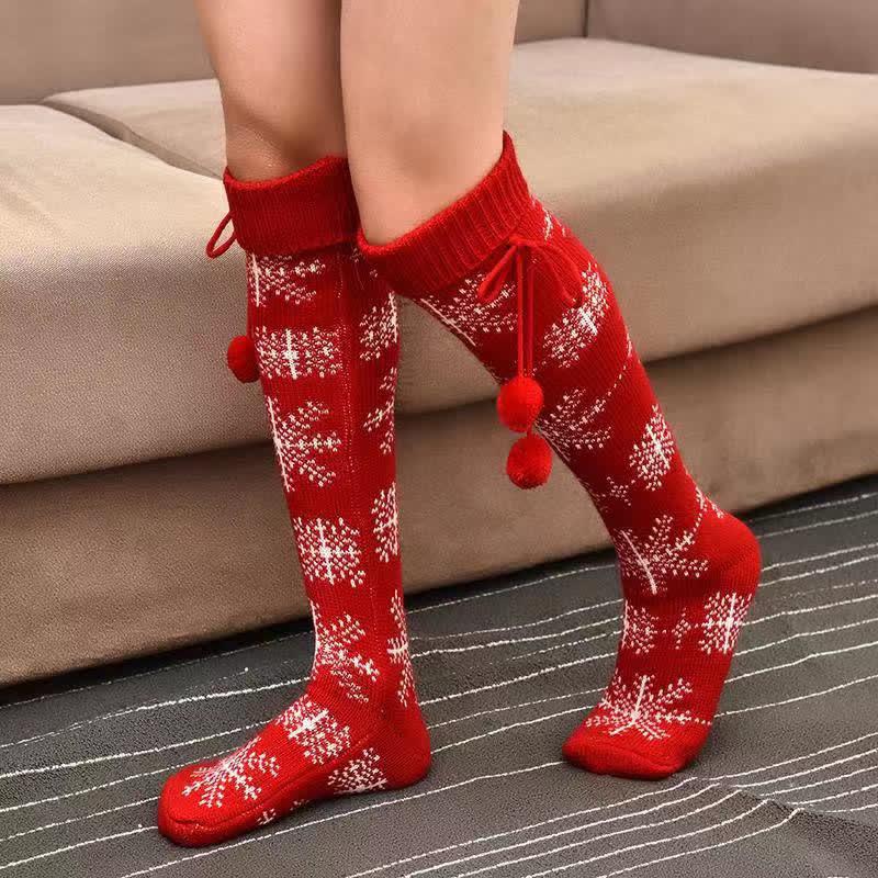 Christmas Snowflake Print Fuzzy Ball Stockings Over The Knee  |   Socks Accessories Red