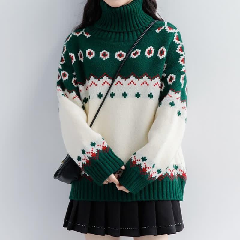 Christmas Turtleneck Colorblock Knit Sweater  |   Sweater Clothing Green