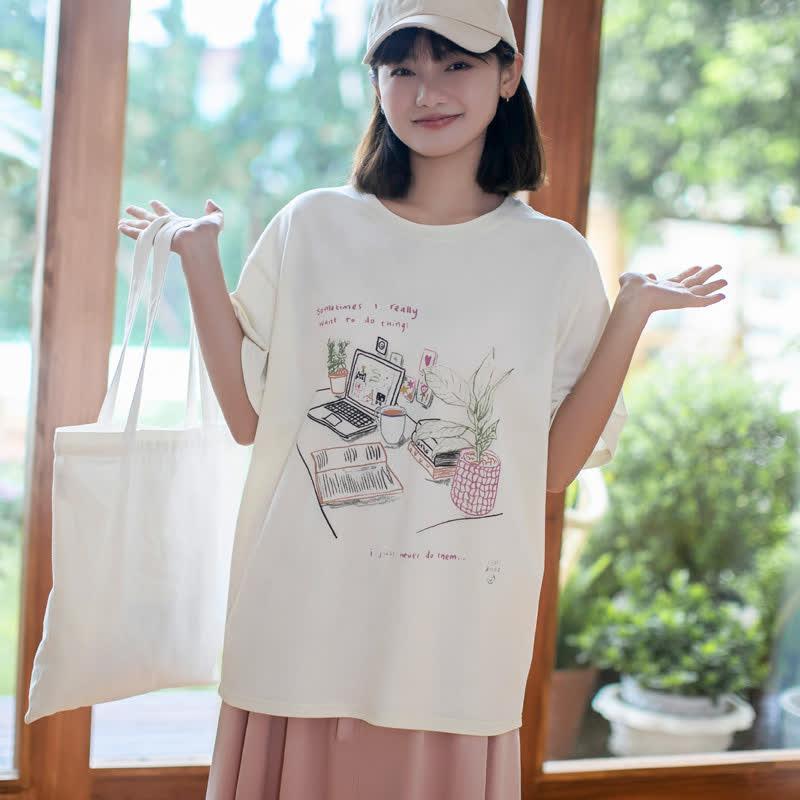 Classic Print Round Collar Casual T-Shirt  |   T-Shirts Clothing Beige