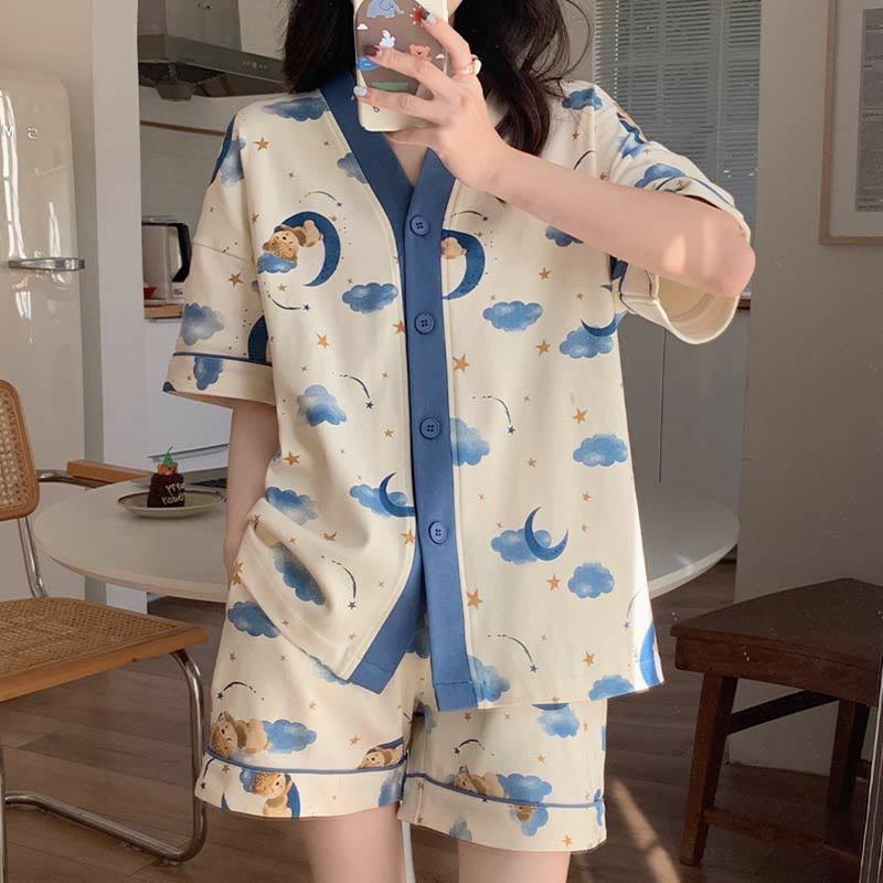 Clouds And Moon Print Summer Cotton Pajamas Set  |   Pajamas Clothing Blue