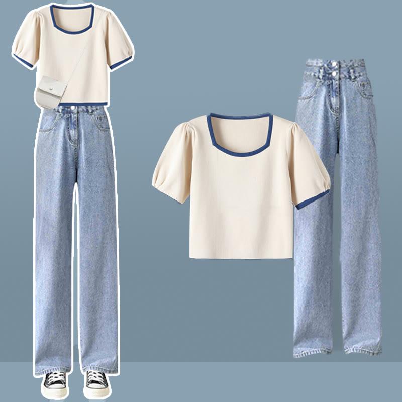 Color Block Blouse Denim Pants Two Pieces  |   Pants Clothing Blouse A