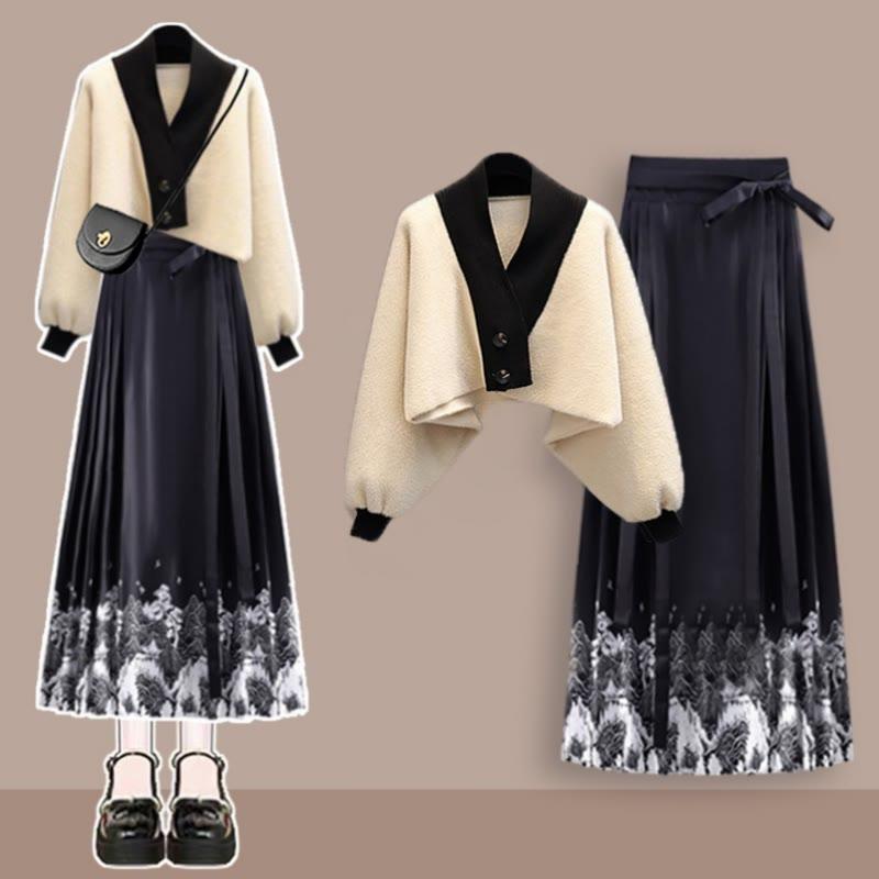 Color Block Button Short Coat High Waist Pleated Skirt Two Pieces  |   Skirts Clothing Coat