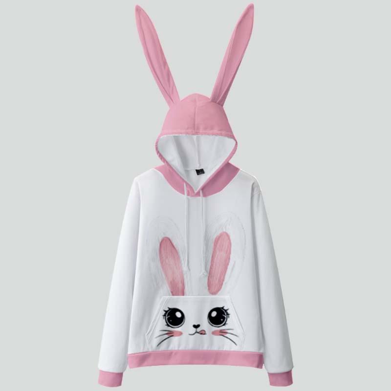 Colorblcok Rabbit Print Pocketed Long Ears Plush Hoodie  |   Sweatshirts & Hoodies Clothing Pink