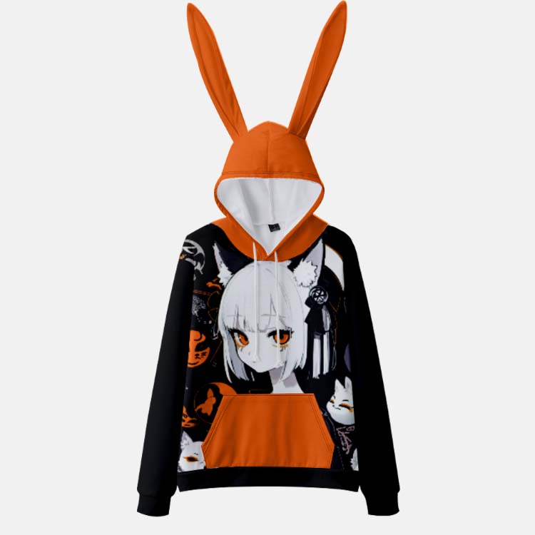 Colorblock Anime Print Long Ears Plush Hoodie  |   Sweatshirts & Hoodies Clothing Orange