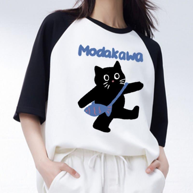 Colorblock Black Cat Print Round Neck T-Shirt  |   T-Shirts Clothing T-Shirts