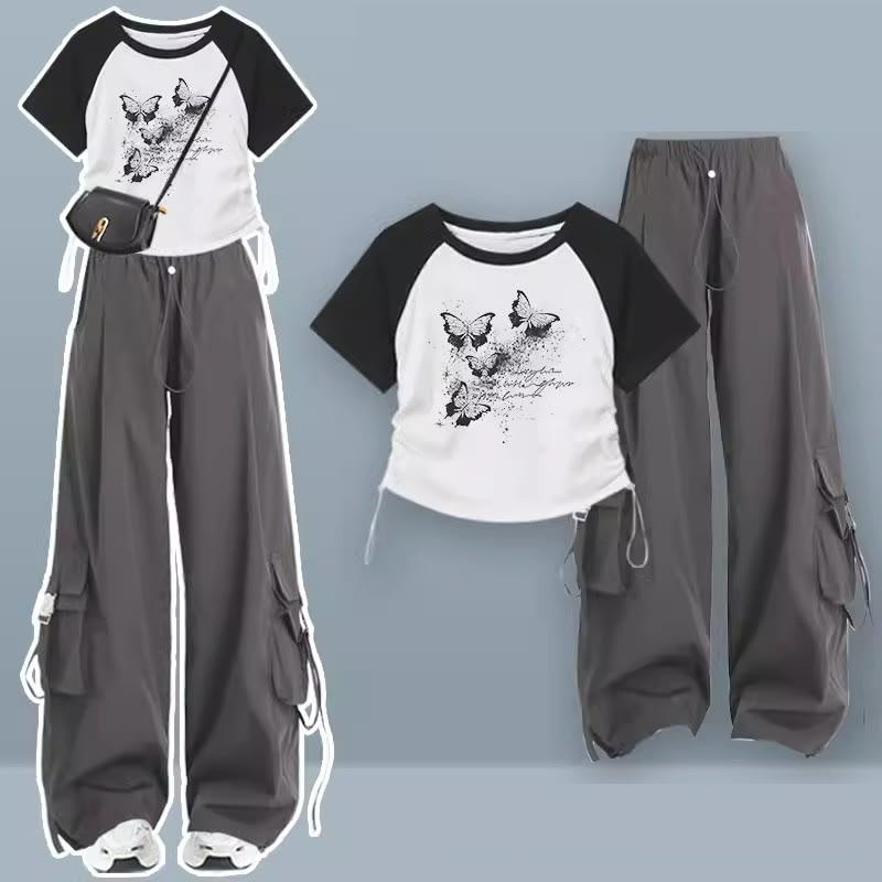 Colorblock Butterfly Print T-Shirt Cargo Pants  |   Pants Clothing Pants