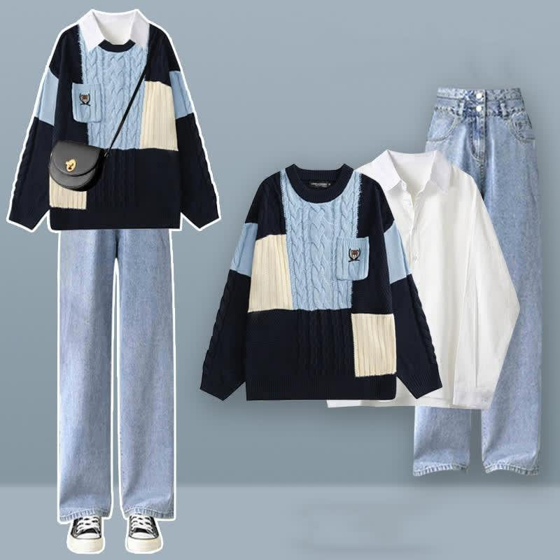 Colorblock Cable Knit Sweater Shirt High Waist Denim Pants Three Pieces  |   Sweater Clothing Blue Pants