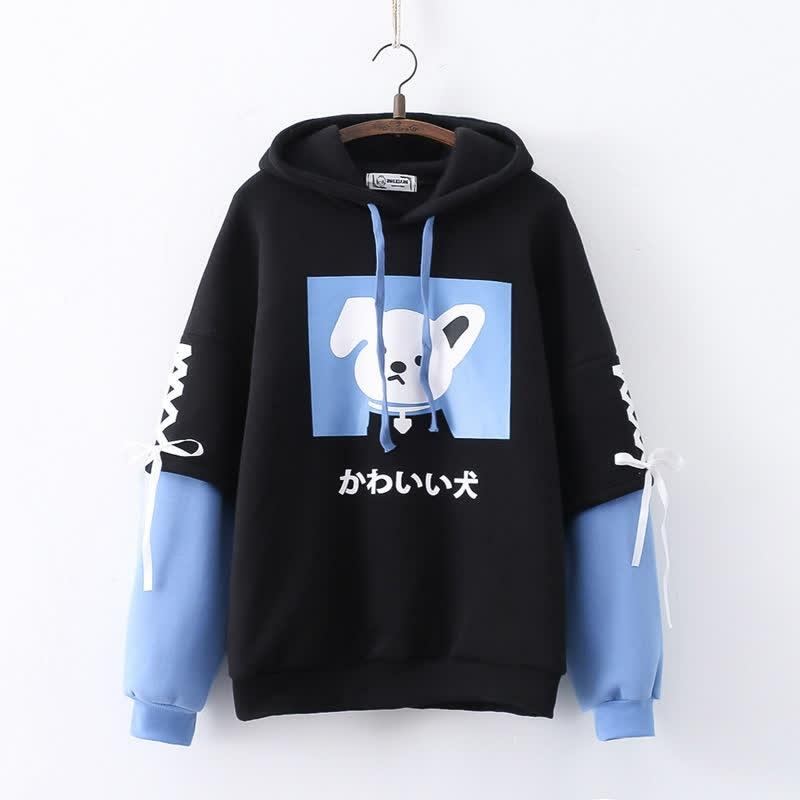 Colorblock Cartoon Puppy Print Lace Up Plush Hoodie  |   Sweatshirts & Hoodies Clothing Black