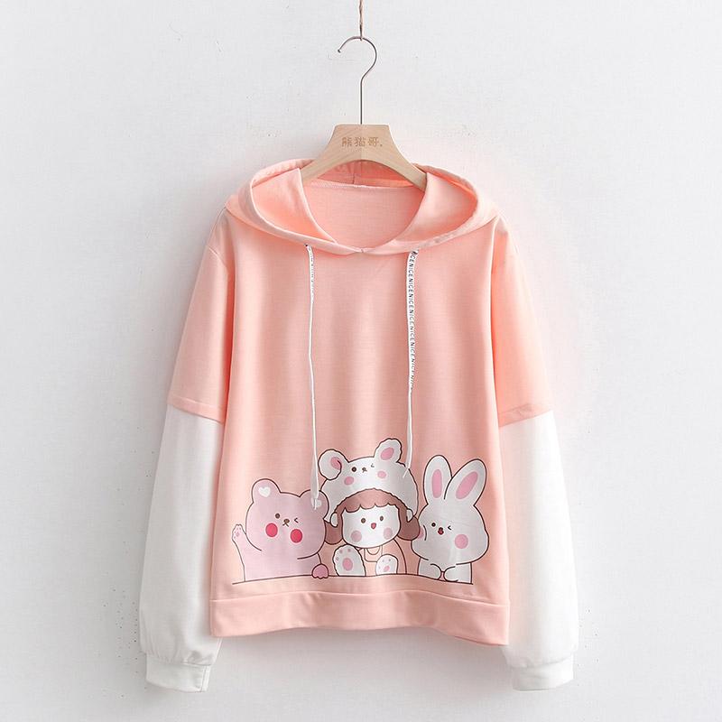 Colorblock Cartoon Rabbit Print Hoodie  |   Sweatshirts & Hoodies Clothing Pink