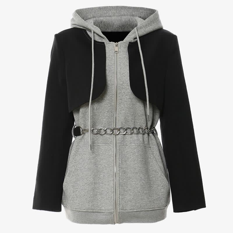 Colorblock Fake Two Pieces Belted Zipper Hooded Sweatshirt  |   Sweatshirts & Hoodies Clothing Grey