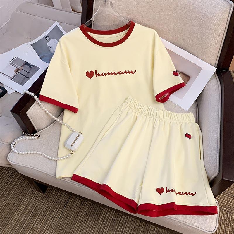 Colorblock Heart Print Summer T-Shirt Shorts Set  |   T-Shirts Clothing Apricot