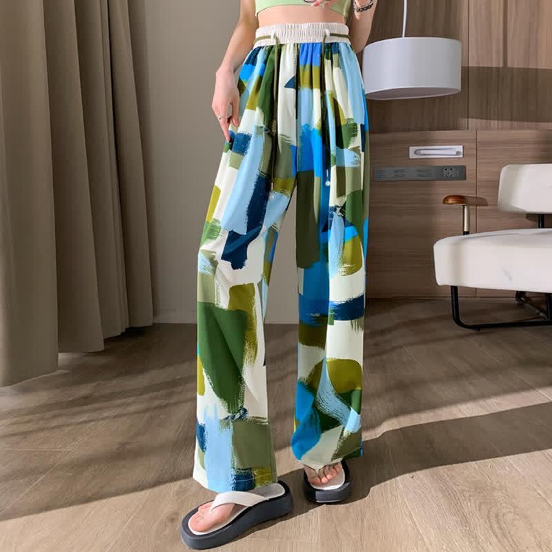 Colorblock High Waist Wide Leg Casual Pants  |   Pants Clothing Green A