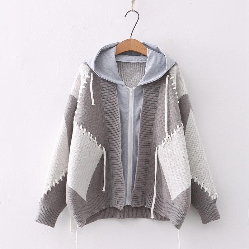 Colorblock Lace Up Fake Two Pieces Hooded Cardigan Sweater  |   Sweater Clothing Grey