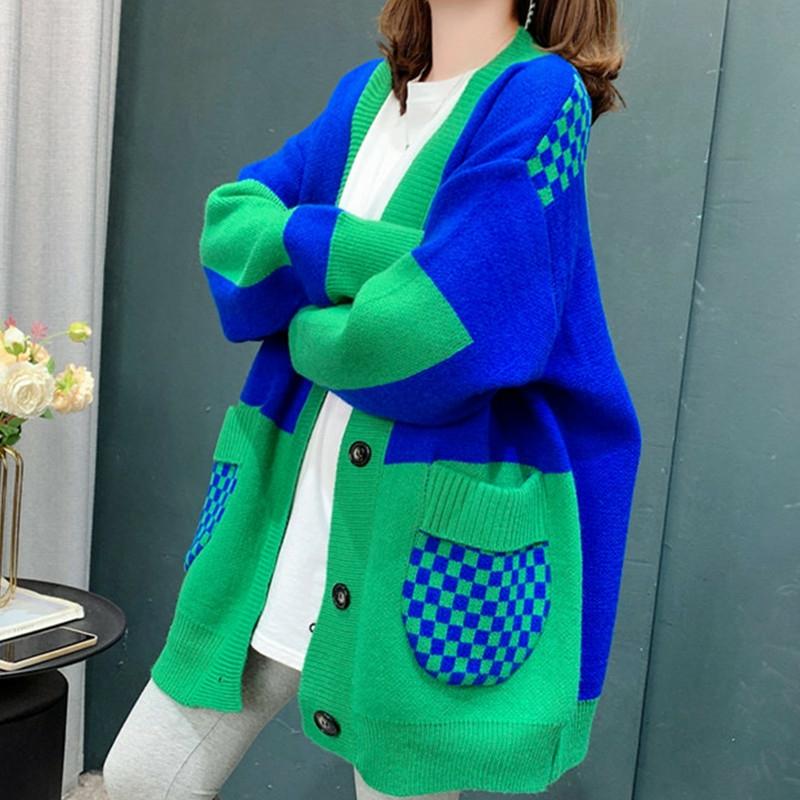 Colorblock Lattice Pocket Casual Cardigan Sweater  |   Outerwear Clothing Blue