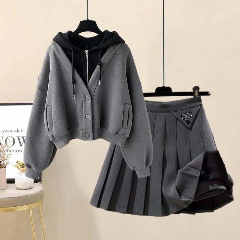 Colorblock Pocket Hoodie Pleated Skirt Two Pieces Set  |   Skirts Clothing Black Hoodie+Black Skirt