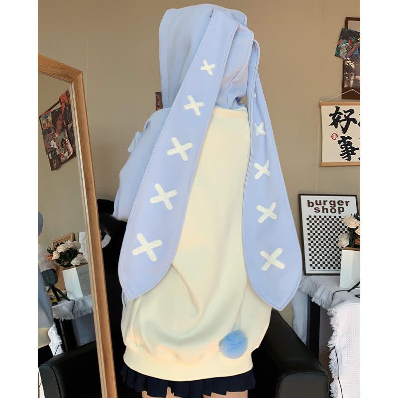 Colorblock Pocket Long Bunny Ears Casual Hoodie  |   Sweatshirts & Hoodies Clothing Blue