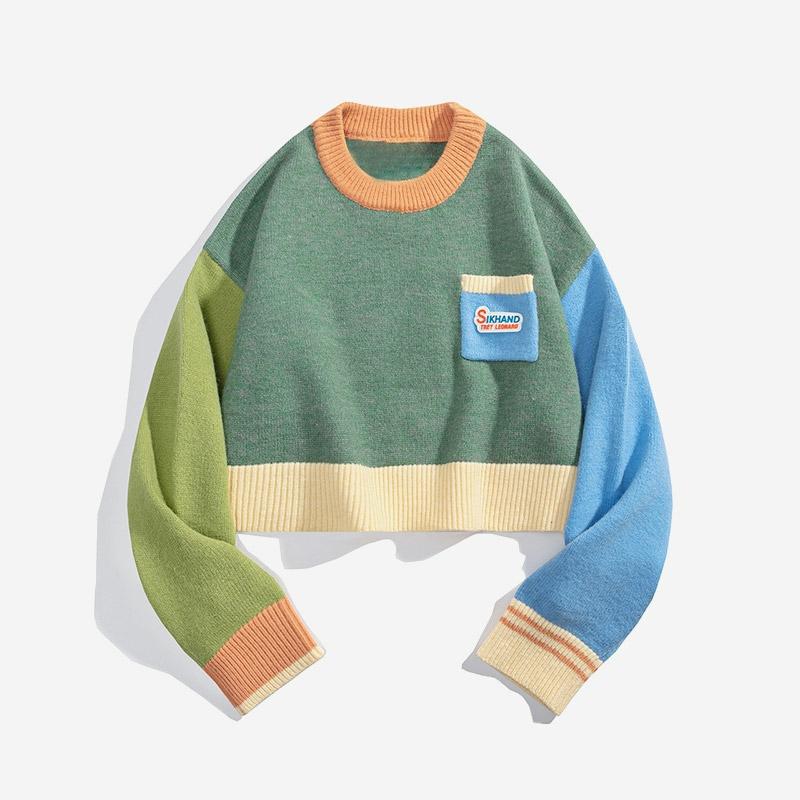 Colorblock Pocket Round Collar Casual Sweater  |   Sweater Clothing Green