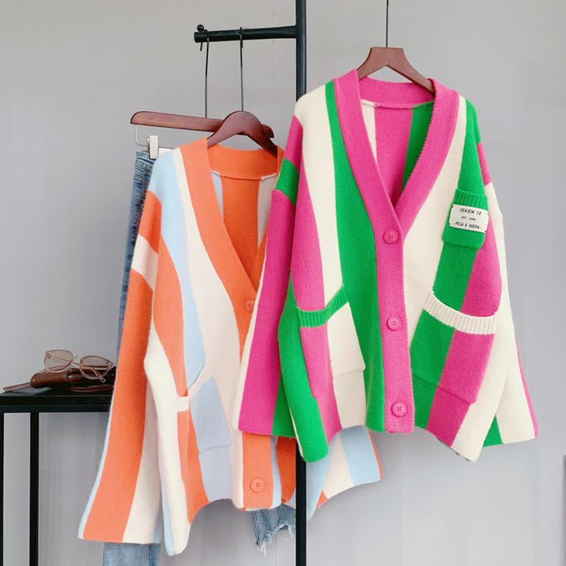 Colorblock Pocket Stripe Cardigan Sweater  |   Sweater Clothing Orange